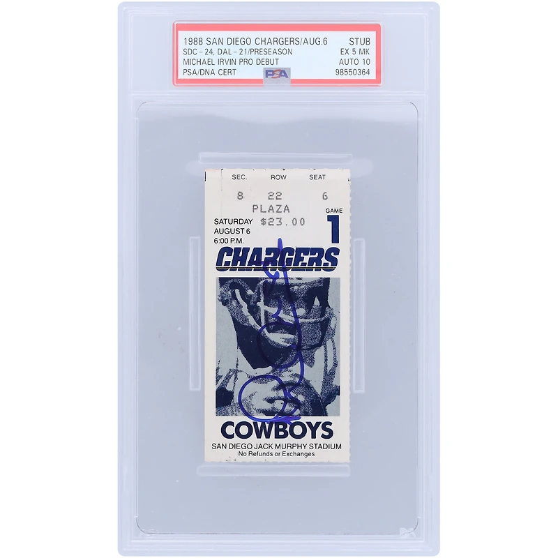 Michael Irvin Dallas Cowboys Autographed Preseason Pro Debut PSA Authenticated 5/10 Ticket from August 6th, 1988 