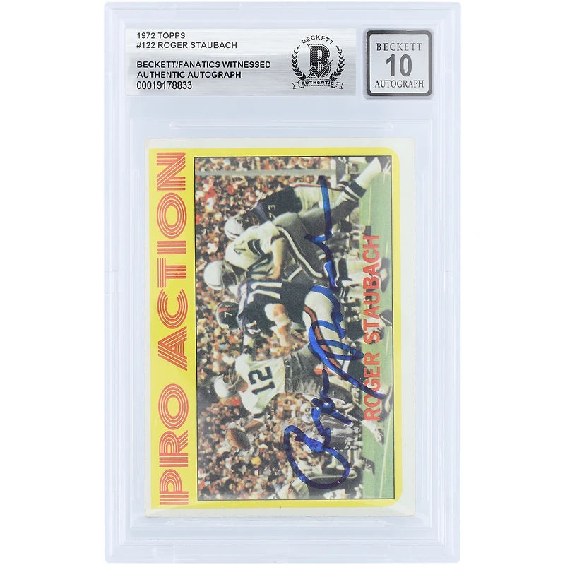 Carte de recrue autographiée de Roger Staubach (Dallas Cowboys) de 1972, Topps Pro Action n° 122, authentifiée par Beckett Fanatics Witnessed (n° 10).