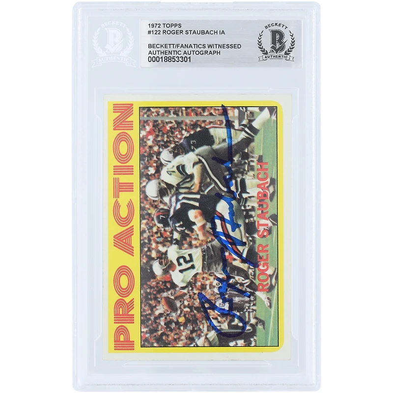 Roger Staubach Dallas Cowboys Autographed 1972 Topps Pro Action #122 Beckett Fanatics Witnessed Authenticated Rookie Card