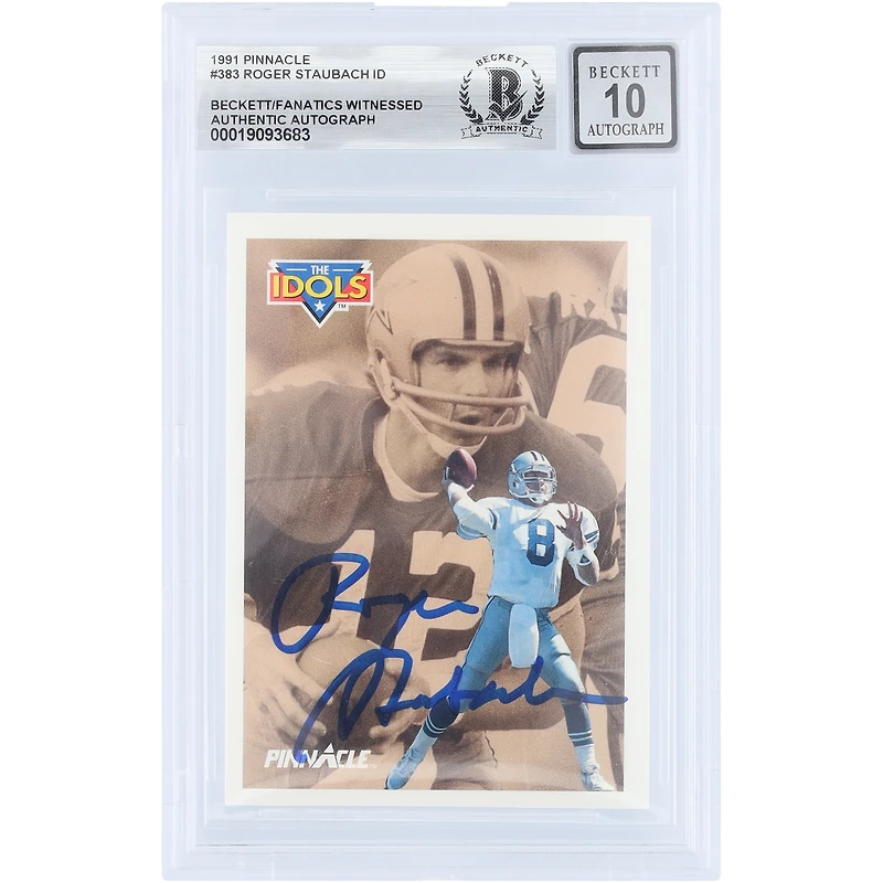 Carte autographiée par Roger Staubach (Dallas Cowboys), 1991 Pinnacle The Idols n° 383, authentifiée par Beckett Fanatics Witnessed (10 cartes).