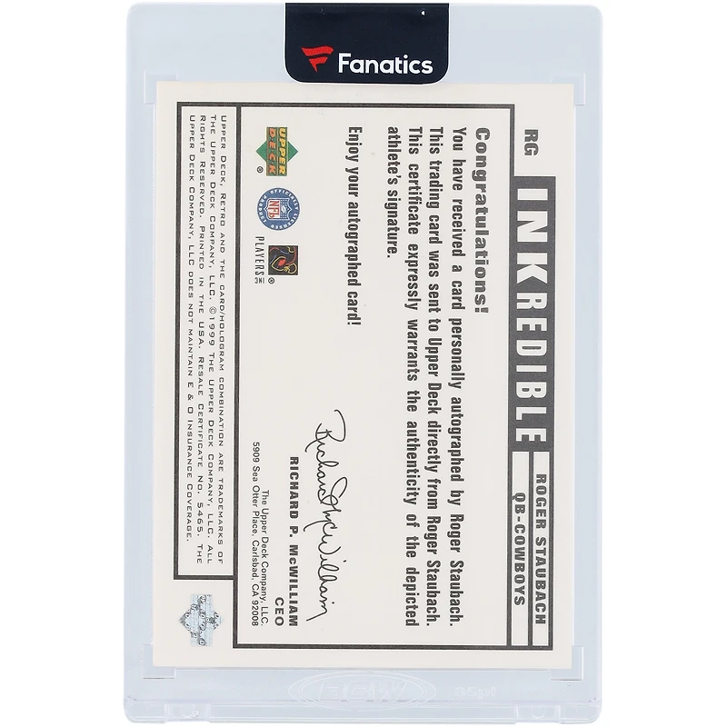 Roger Staubach Dallas Cowboys Autographed 1999 Upper Deck Inkredible #RG Card