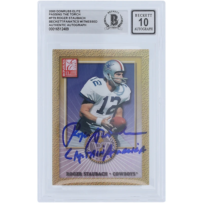 Roger Staubach Dallas Cowboys Autographed 2000 Donruss Elite Passing The Torch #PT-9 #/1500 Beckett Fanatics Witnessed Authenticated 10 Card with "Captain America" Inscription