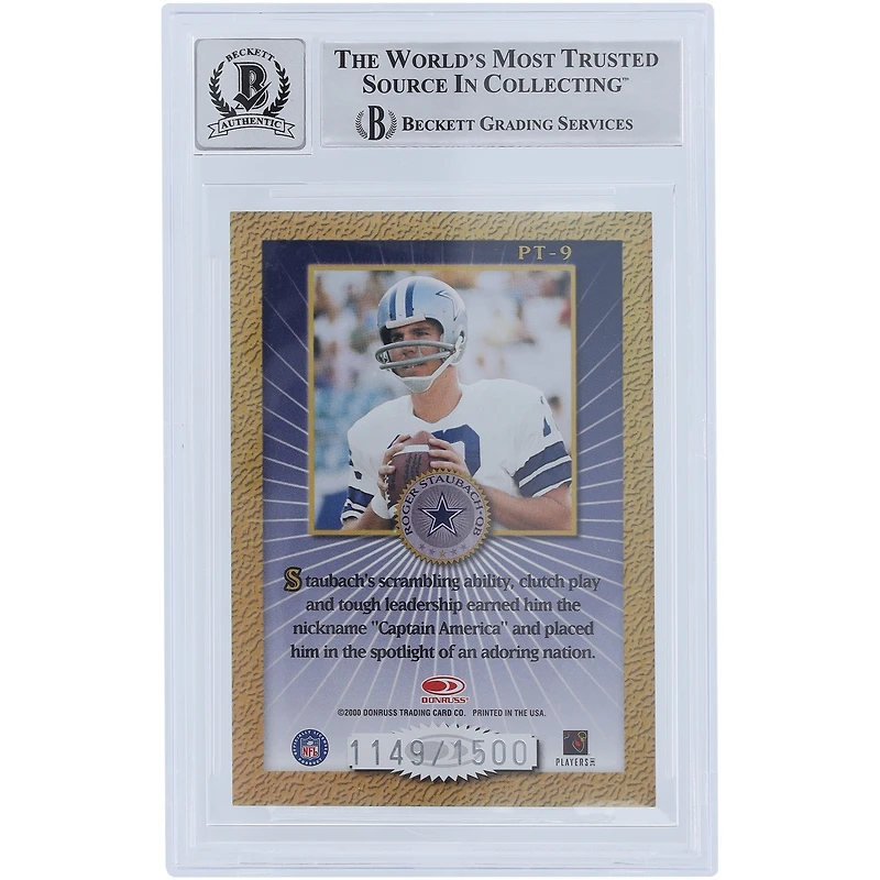 Roger Staubach Dallas Cowboys Autographed 2000 Donruss Elite Passing The Torch #PT-9 #/1500 Beckett Fanatics Witnessed Authenticated 10 Card with "Captain America" Inscription