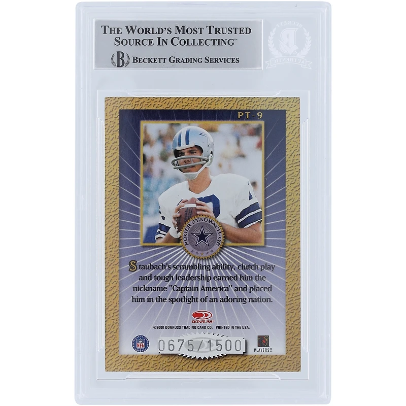 Carte authentifiée signée par Roger Staubach Dallas Cowboys 2000 Donruss Elite Passing the Torch #PT-9 #/1500 Beckett Fanatics