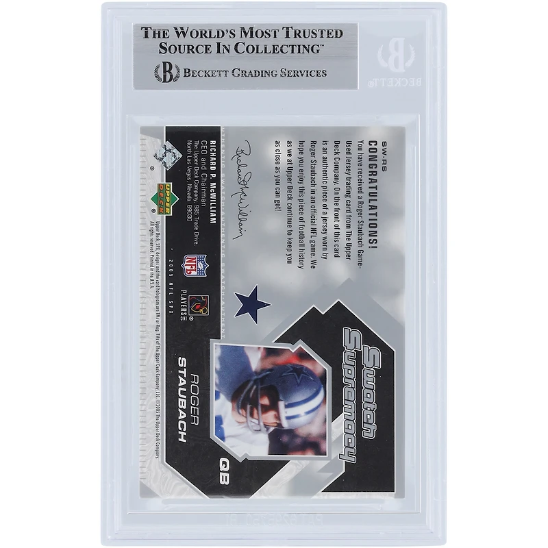 Roger Staubach Dallas Cowboys Autographed 2005 Upper Deck SPx Swatch Supremacy Relic #SW-RS Beckett Fanatics Witnessed Authenticated Card
