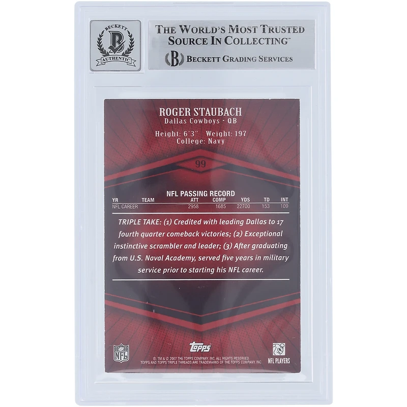 Roger Staubach Dallas Cowboys Autographed 2007 Topps Triple Threads #99 #/1449 Beckett Fanatics Witnessed Authenticated 10 Card