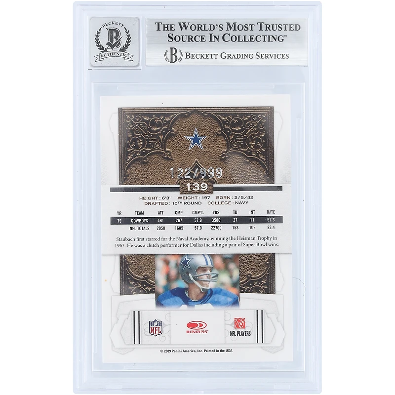 Carte autographiée de Roger Staubach (Dallas Cowboys), Donruss Classics 2009, n° 139/999, authentifiée par Beckett Fanatics Witnessed (10 cartes).