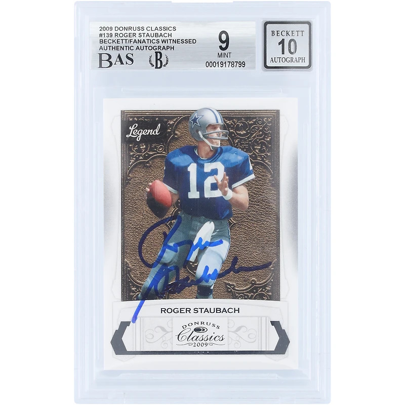 Roger Staubach Dallas Cowboys Autographed 2009 Donruss Classics #139 #/999 Beckett Fanatics Witnessed Authenticated /10 Card