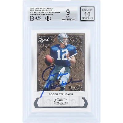 Carte autographiée par Roger Staubach (Dallas Cowboys), Donruss Classics 2009, n° 139/999, authentifiée par Beckett Fanatics Witnessed (9/10).