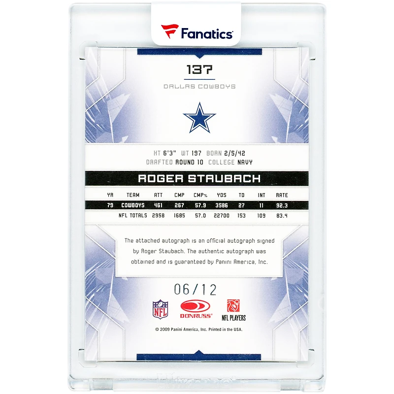 Roger Staubach Dallas Cowboys Autographed 2009 Donruss Leaf Limited Monikers Legend #137 #6/12 Card