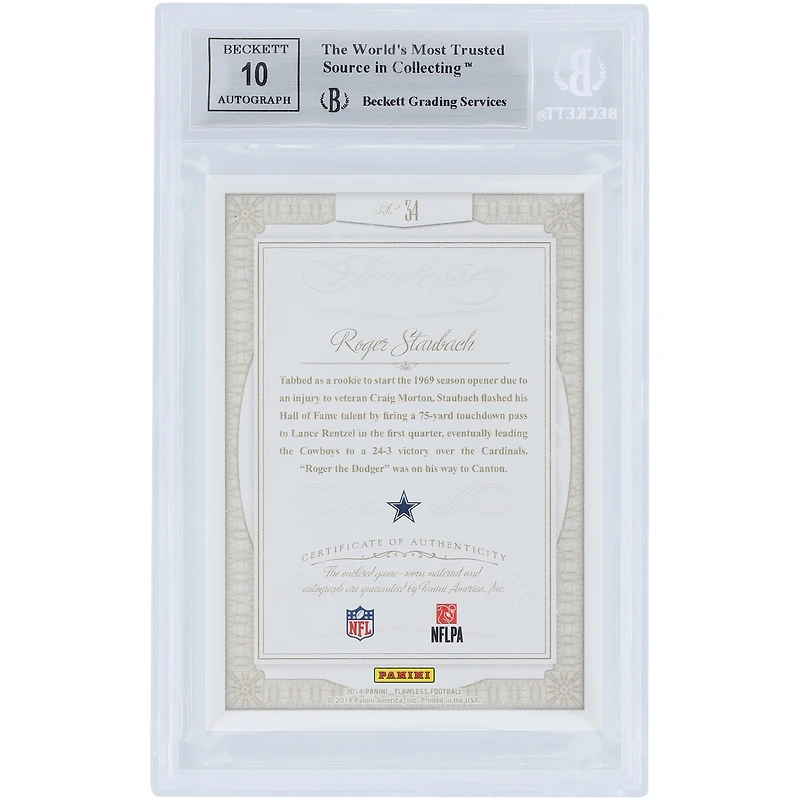 Roger Staubach Dallas Cowboys Autographed 2014 Panini Flawless Holo Gold Greats Tri-Color Relic #34 #9/10 BGS Authenticated 9/10 Card - 9.5,9,9.5,9 Subgrades