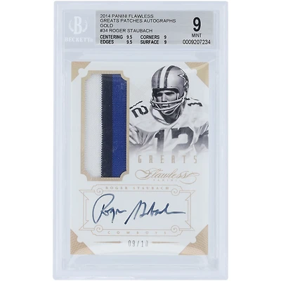 Roger Staubach Dallas Cowboys Autographed 2014 Panini Flawless Holo Gold Greats Tri-Color Relic #34 #9/10 BGS Authenticated 9/10 Card - 9.5,9,9.5,9 Subgrades