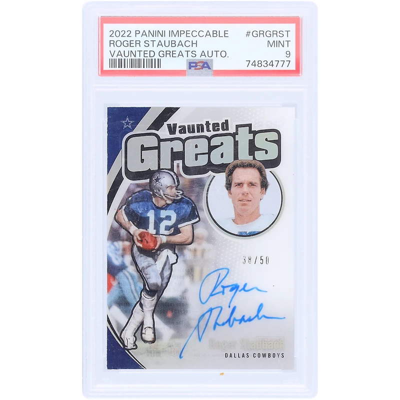 Roger Staubach Dallas Cowboys Autographed 2022 Panini Impeccable Vaunted Greats #GRG-RST #38/50 PSA Authenticated 9 Card