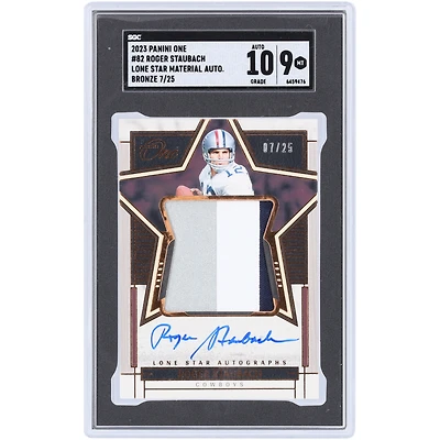 Roger Staubach Dallas Cowboys Autographed 2023 Panini One Bronze Lone Star Materials 3 Color Relic #82 #7/25 SGC Authenticated 9/10 Card