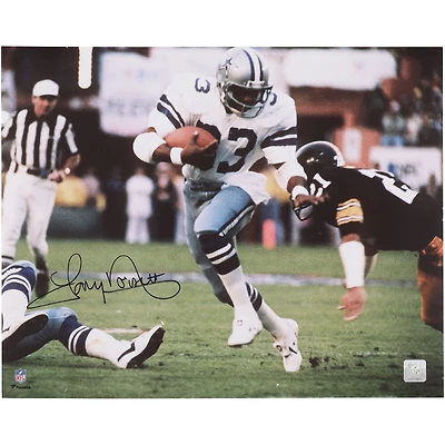 Photo dédicacée de Tony Dorsett (Dallas Cowboys) - 40 x 50 cm - Match en position de saut périlleux contre les Pittsburgh Steelers