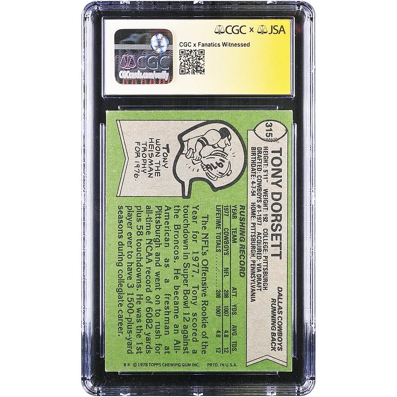 Tony Dorsett Dallas Cowboys Autographed 1978 Topps #315 CGC Fanatics Witnessed Authenticated Auto 10 Rookie Card