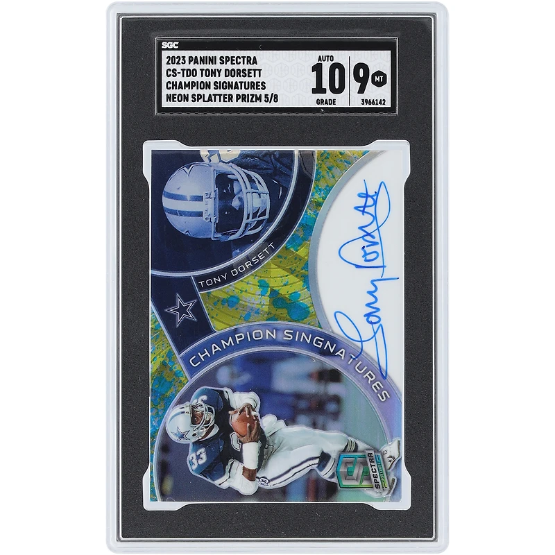 Carte autographiée par Tony Dorsett (Dallas Cowboys), collection Panini Spectra Neon Splatter Prizm Champion Signatures 2023, n° CS-TDO, n° 5/8, authentifiée SGC (9/10).
