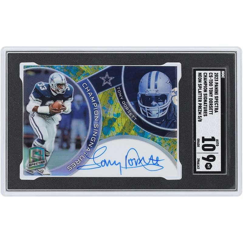 Carte autographiée par Tony Dorsett (Dallas Cowboys), collection Panini Spectra Neon Splatter Prizm Champion Signatures 2023, n° CS-TDO, n° 5/8, authentifiée SGC (9/10).
