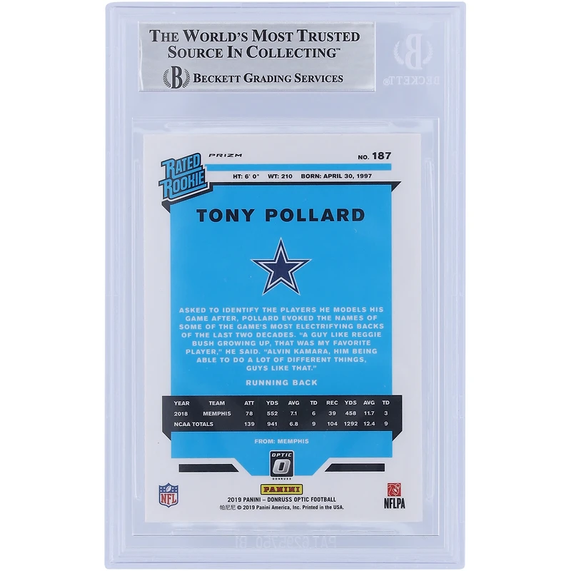 Tony Pollard Dallas Cowboys Autographié 2019 Panini Donruss Optic Rouge et Jaune Classé Rookie #187 Beckett Fanatics Witnessed Rookie Card