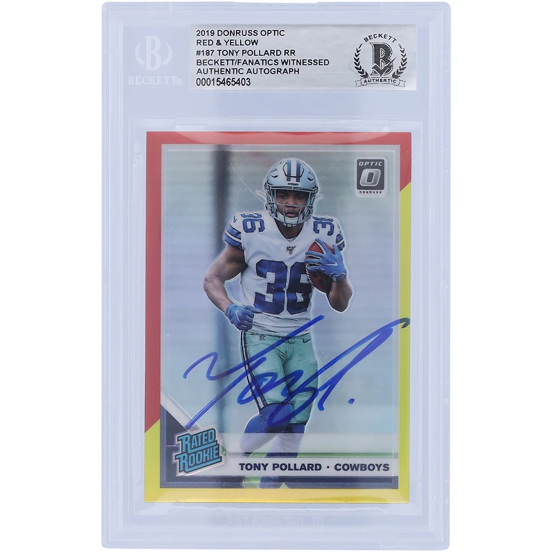 Tony Pollard Dallas Cowboys Autographié 2019 Panini Donruss Optic Rouge et Jaune Classé Rookie #187 Beckett Fanatics Witnessed Rookie Card