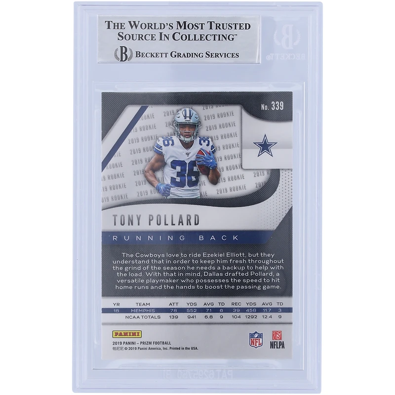 Tony Pollard Dallas Cowboys Autographié 2019 Panini Prizm #339 Beckett Fanatics Witnessed Rookie Card Authentifié