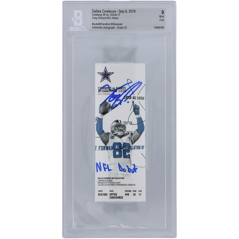 Tony Pollard Dallas Cowboys Autographed Ticket with "NFL Debut" Inscription - BAS Authenticated Graded 9/10