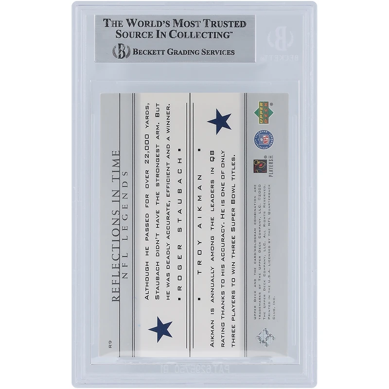 Troy Aikman & Roger Staubach Dallas Cowboys Autographed 2000 Upper Deck Legends Reflections In Time #R9 Beckett Fanatics Witnessed Authenticated Card with "HOF 85" & "HOF 06" Inscriptions