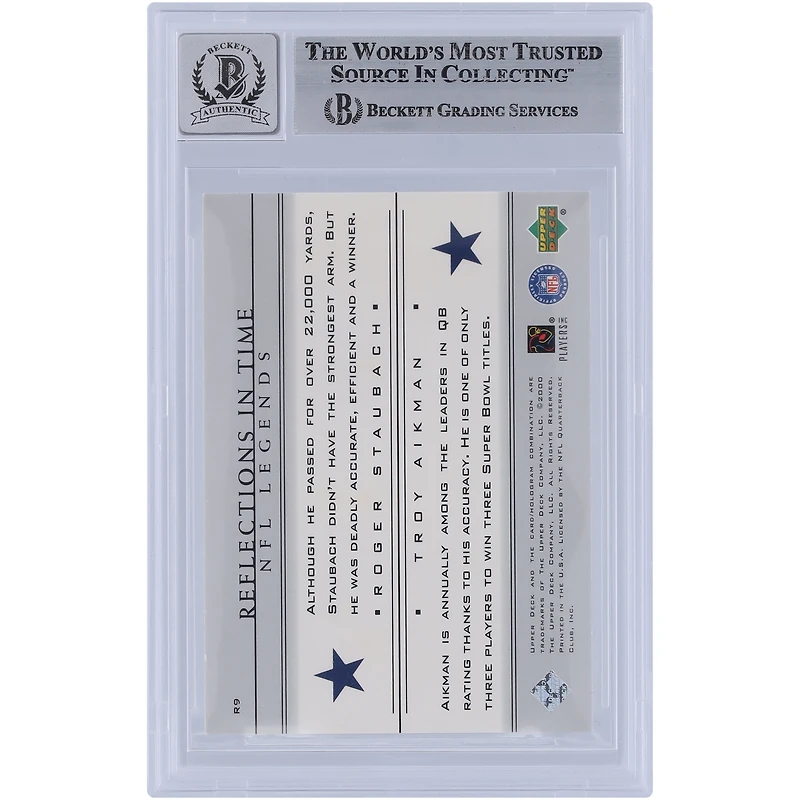 Troy Aikman & Roger Staubach Dallas Cowboys Autographed 2000 Upper Deck Reflections in Time #R9 Beckett Fanatics Witnessed Authenticated 9/10 Card with Multiple Inscriptions