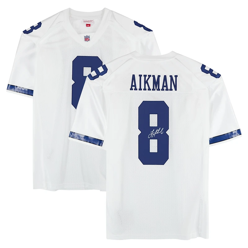 Maillot authentique blanc autographié par Troy Aikman des Cowboys de Dallas en 2000, signé Mitchell & Ness