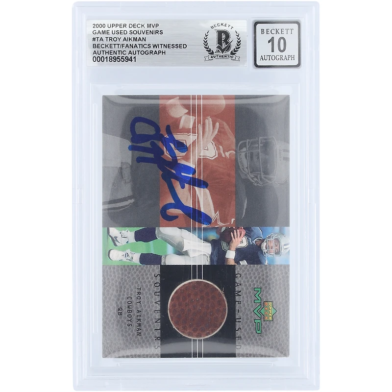 Carte souvenir de match MVP 2000 de Troy Aikman (Dallas Cowboys), autographiée par Fanatics Witnessed, numéro TA Beckett. Authentifiée par Beckett.