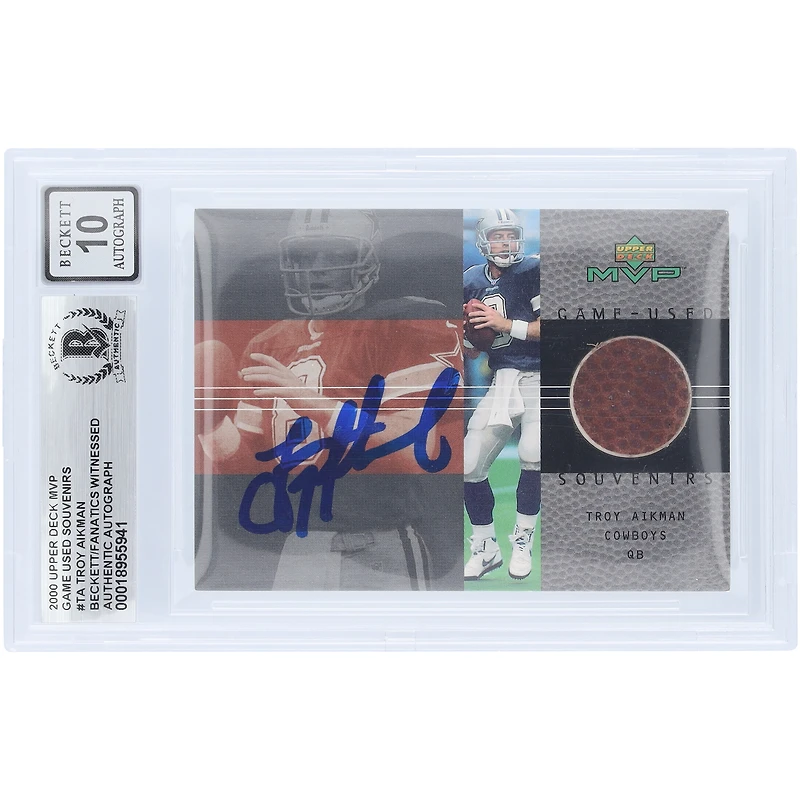 Troy Aikman Dallas Cowboys Autographed 2000 Upper Deck MVP Game Used Souvenirs Football Relic #TA Beckett Fanatics Witnessed Authenticated 10 Card