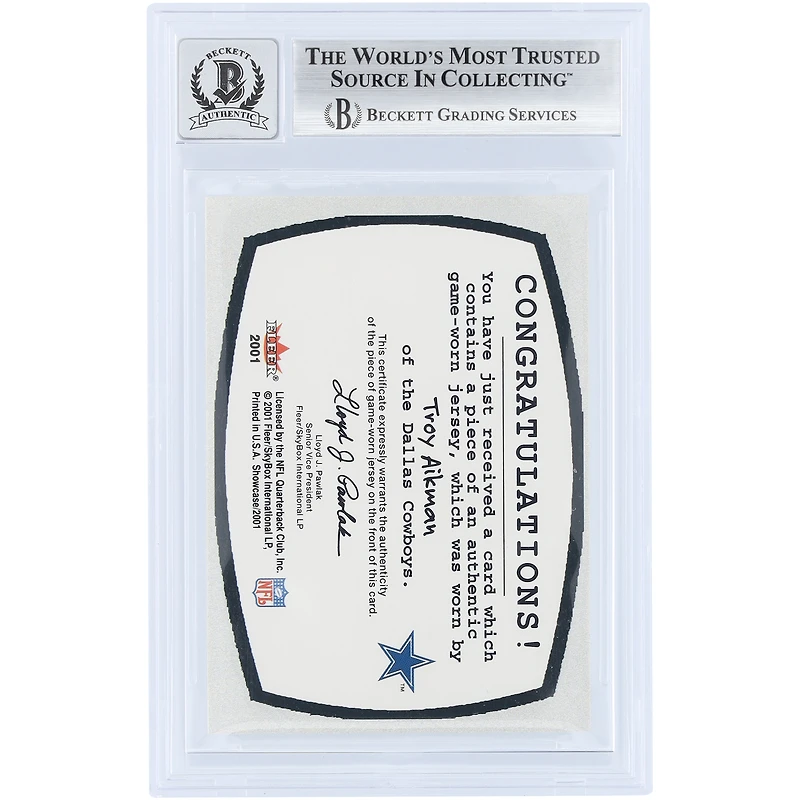 Troy Aikman Dallas Cowboys Autographed 2001 Fleer Showcase Patchwork Jersey Relic #TA Beckett Fanatics Witnessed Authenticated 10 Card
