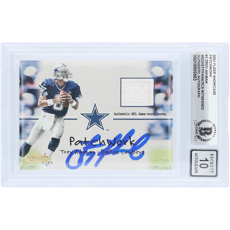 Troy Aikman Dallas Cowboys Autographed 2001 Fleer Showcase Patchwork Jersey Relic #TA Beckett Fanatics Witnessed Authenticated 10 Card