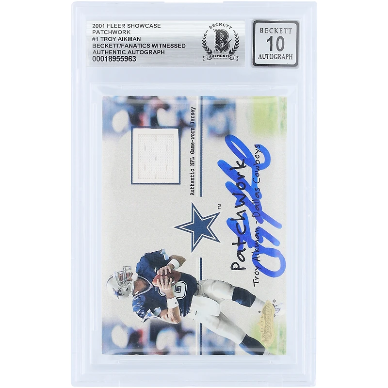 Troy Aikman Dallas Cowboys Autographed 2001 Fleer Showcase Patchwork Jersey Relic #TA Beckett Fanatics Witnessed Authenticated 10 Card