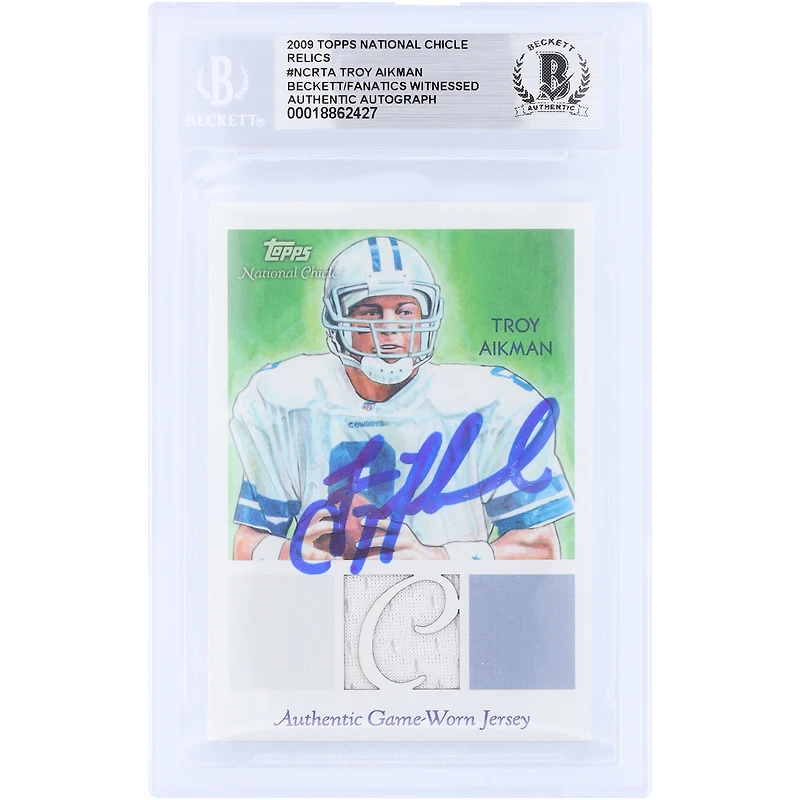 Carte authentifiée par Troy Aikman (Dallas Cowboys) – Topps National Chicle GU Relic 2009 #NCR-TA – authentifiée par Beckett Fanatics Witnessed