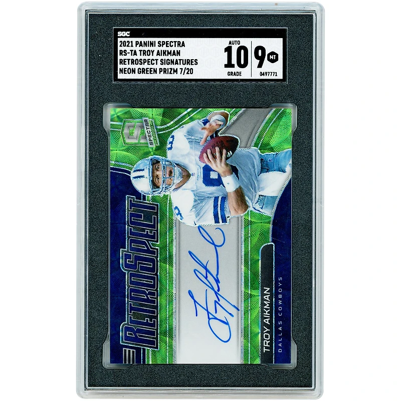 Troy Aikman Dallas Cowboys Autographed 2021 Panini Spectra Neon Green Prizm #RS-TA #7/20 SGC Authenticated 9/10 Card