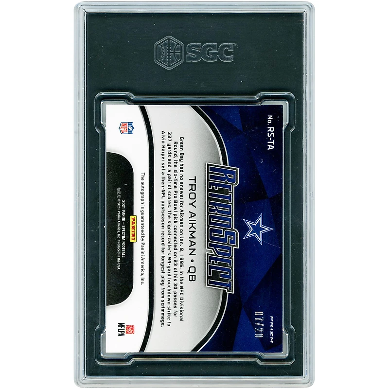 Troy Aikman Dallas Cowboys Autographed 2021 Panini Spectra Neon Green Prizm #RS-TA #7/20 SGC Authenticated 9/10 Card