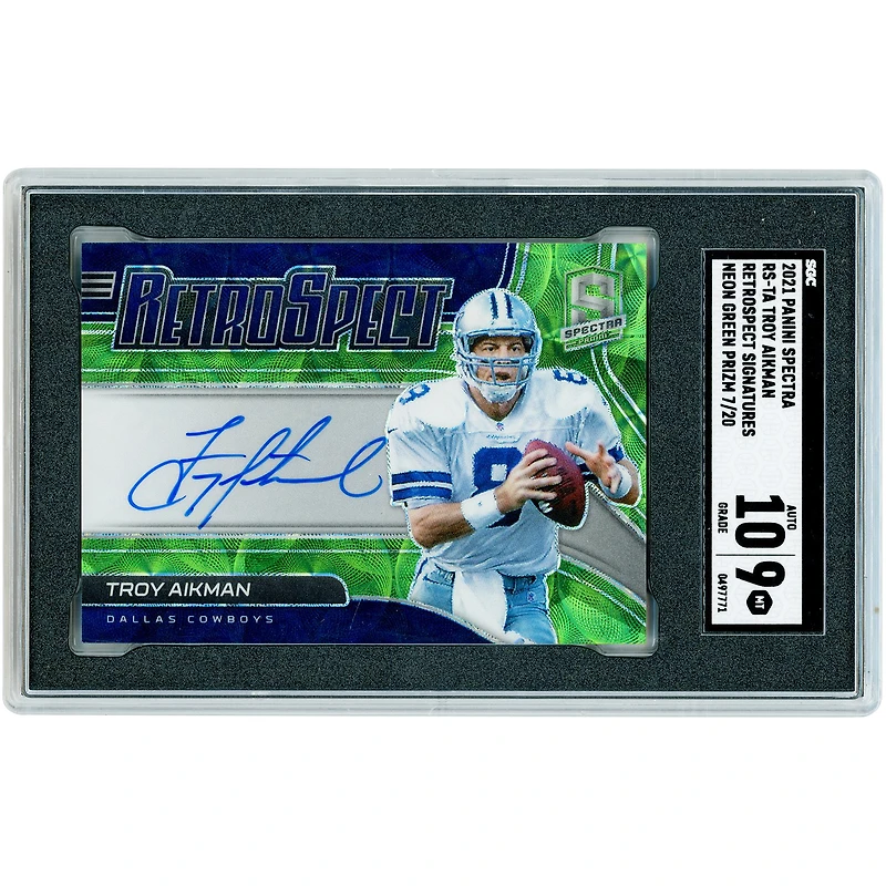 Troy Aikman Dallas Cowboys Autographed 2021 Panini Spectra Neon Green Prizm #RS-TA #7/20 SGC Authenticated 9/10 Card