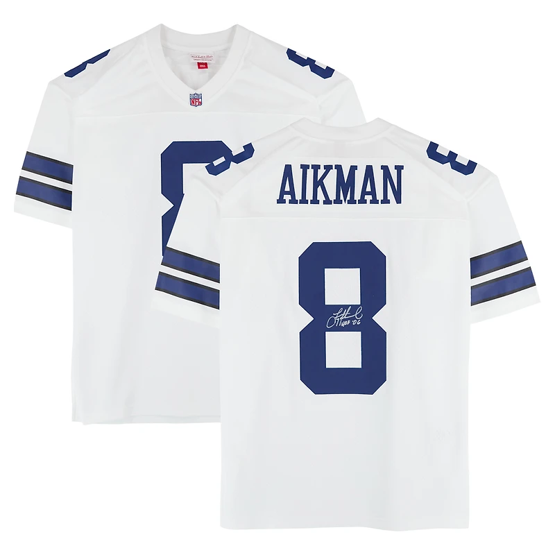 Maillot blanc dédicacé par Troy Aikman des Cowboys de Dallas, Mitchell & Ness, avec inscription « HOF 06 ».