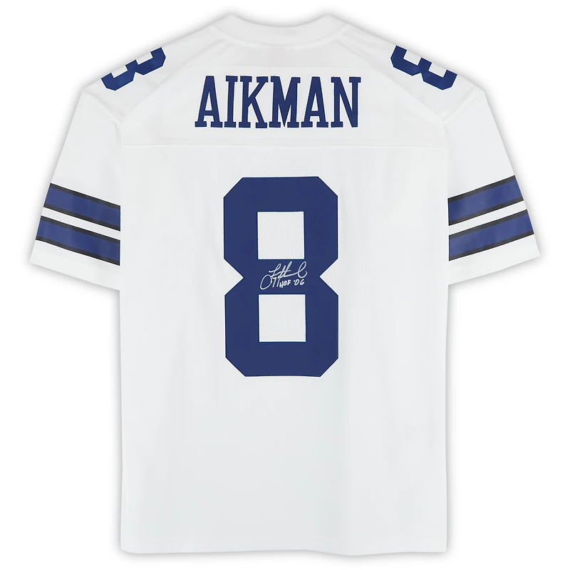Maillot blanc dédicacé par Troy Aikman des Cowboys de Dallas, Mitchell & Ness, avec inscription « HOF 06 ».