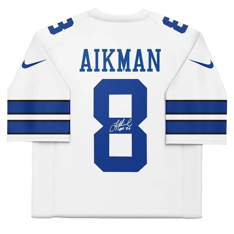 Maillot blanc dédicacé par Troy Aikman des Cowboys de Dallas, Mitchell & Ness, avec inscription « HOF 06 ».