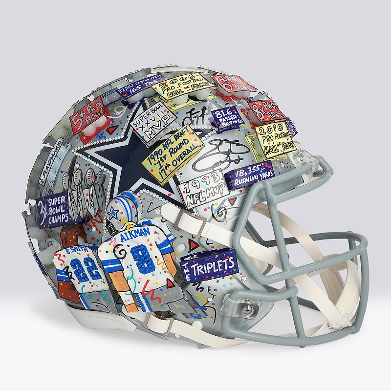 Casque Riddell Speed Authentic autographié par Troy Aikman, Michael Irvin et Emmitt Smith des Dallas Cowboys - Illustration de Charles Fazzino - NF70444308
