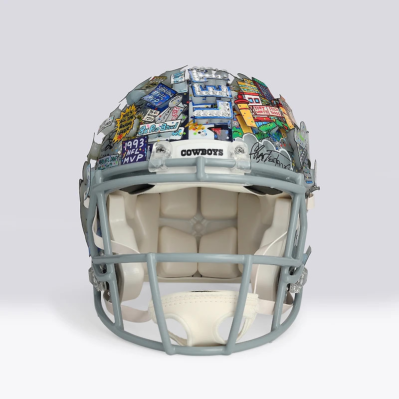 Troy Aikman, Michael Irvin & Emmitt Smith Dallas Cowboys Autographed Riddell Speed Authentic Helmet with Hall of Fame Inscriptions - Art by Charles Fazzino - NF70444309