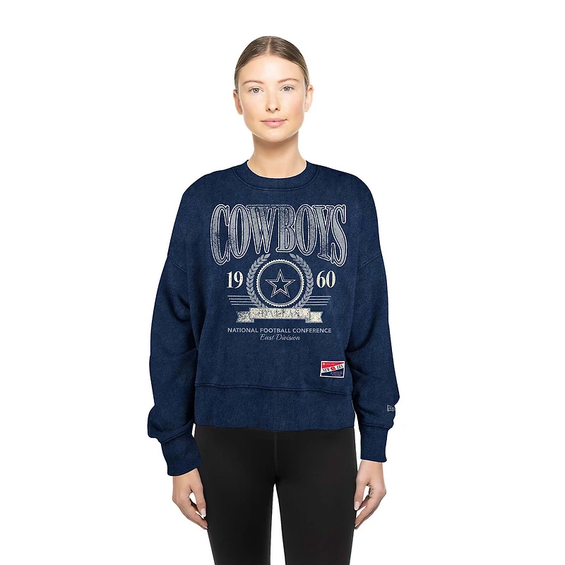 Women's New Era  Navy Dallas Cowboys Throwback Distressed Boxy Pullover Sweatshirt