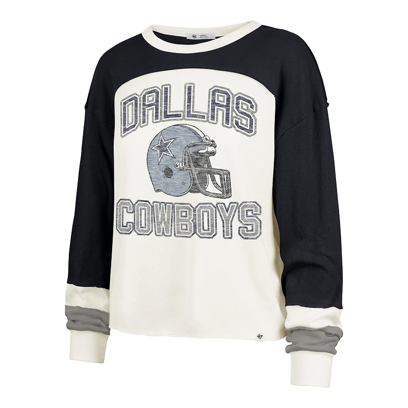 Women's '47 Cream/Navy Dallas Cowboys Plus Double Header Curve Toni Long Sleeve T-Shirt