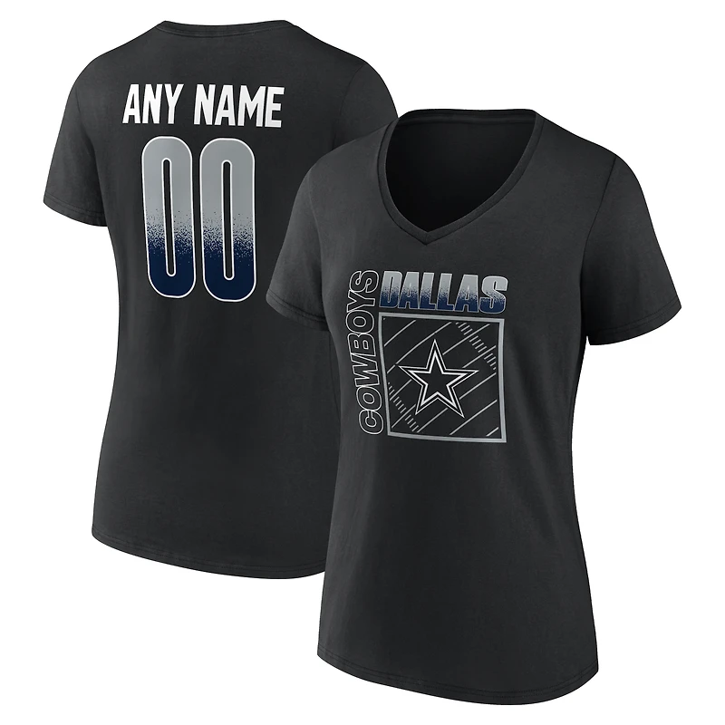 T-shirt à col en V personnalisé avec nom et numéro, Dallas Cowboys, noir, pour femme, domicile, terrain.