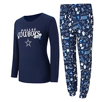 Ensemble de nuit pour femme College Concepts bleu marine Dallas Cowboys avec t-shirt à manches longues et pantalon couleur marron
