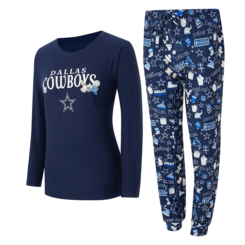 Ensemble de nuit pour femme College Concepts bleu marine Dallas Cowboys avec t-shirt à manches longues et pantalon couleur marron