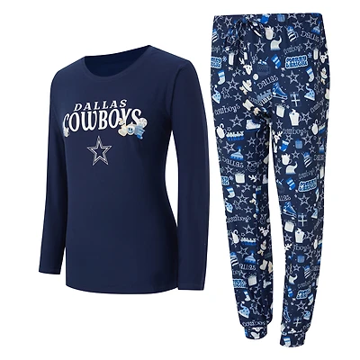 Ensemble de nuit pour femme College Concepts bleu marine Dallas Cowboys avec t-shirt à manches longues et pantalon couleur marron