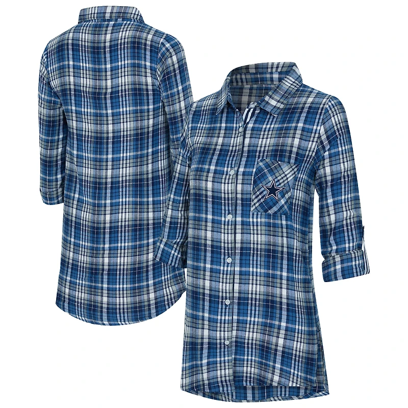 Chemise de nuit à carreaux tri-mélange bleu marine Concepts Sport pour femme, modèle Laney, boutons, inspirée des Dallas Cowboys.